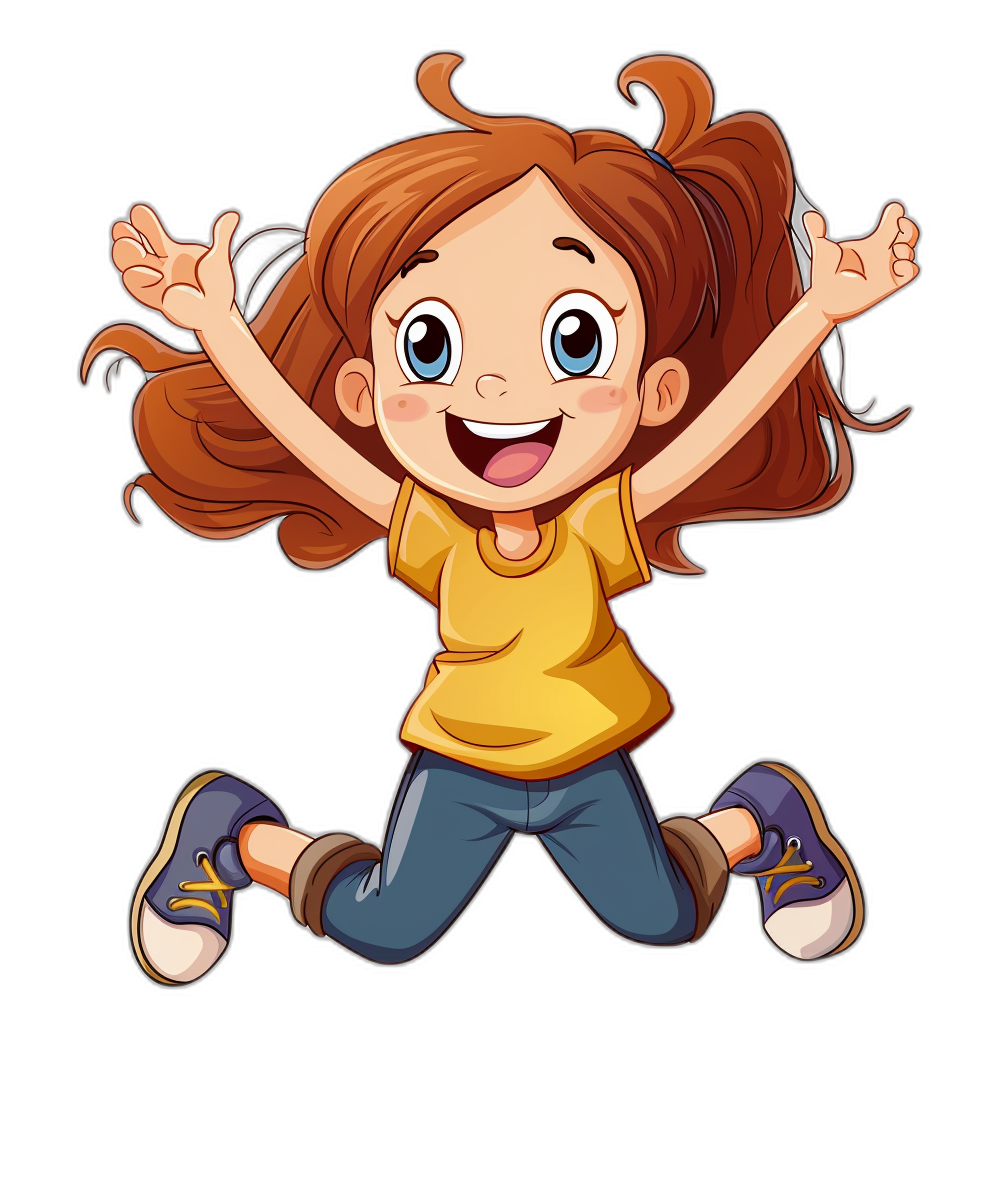 A cute happy girl jumping in the air, clip art style with black background