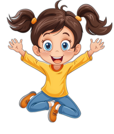 A cute cartoon girl with brown hair in pigtails is jumping up and laughing, she has blue eyes wearing jeans and an yellow shirt, clip art style on black background, vector illustration for children's book, clean edges