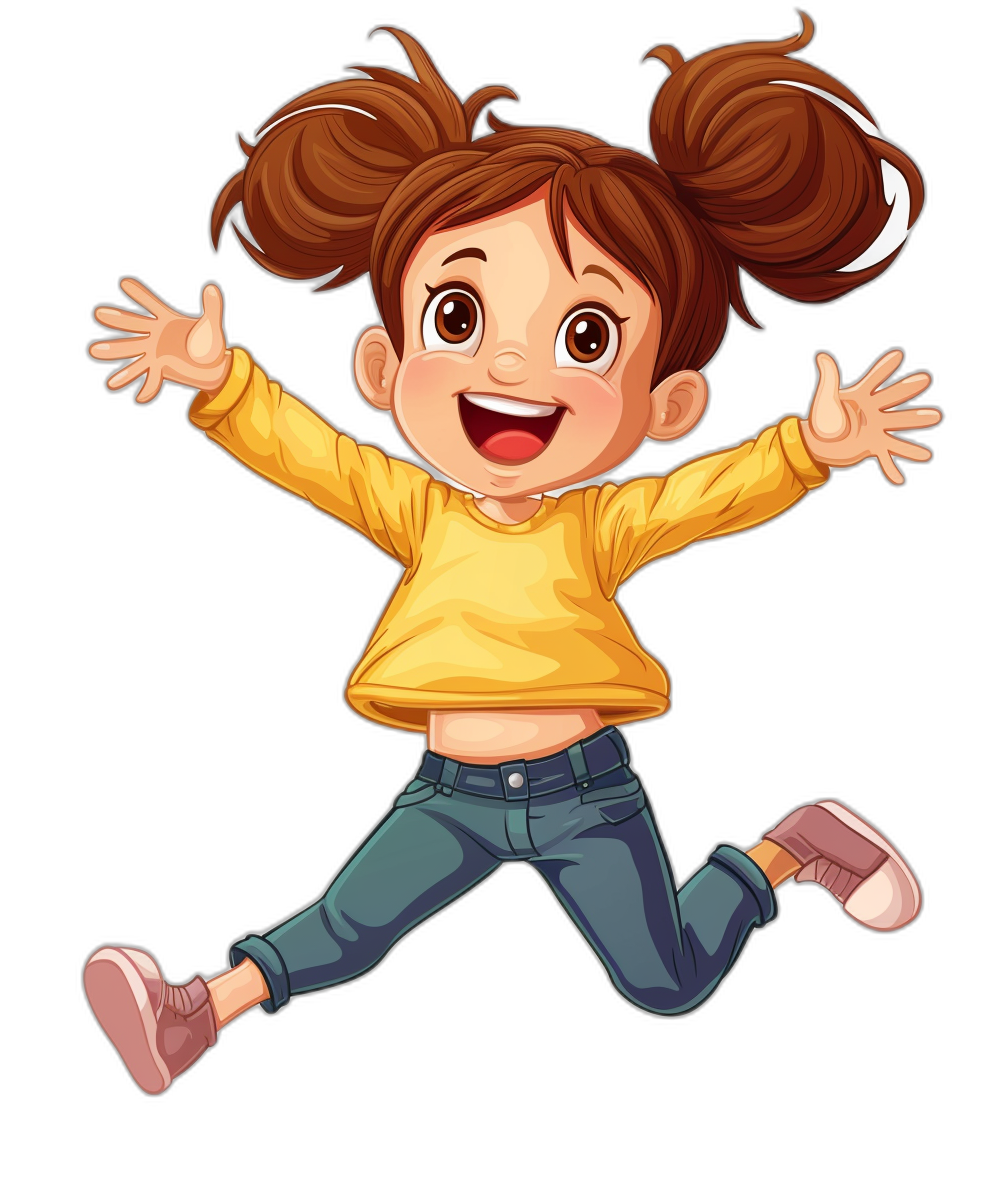 A cute little girl with pigtails is jumping up and laughing, wearing jeans and yellow longsleeved shirt, black background, cartoon style