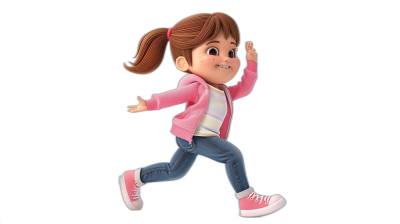 A cute little girl, wearing a pink jacket and jeans with a white t-shirt underneath, smiling with a happy expression, brown hair in a ponytail hairstyle, running pose, in the style of Pixar with a character design, full body shot, black background, high quality, high resolution, high detail, 3D render, 4K resolution.