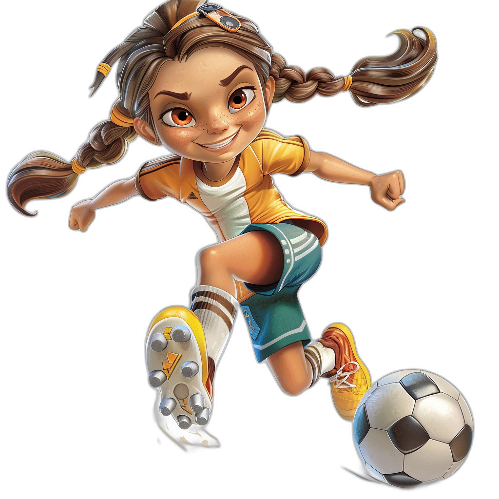 A cartoon girl playing soccer in a full body shot, in the style of Disney, with character design and 3D rendering on a black background in a cartoon cute style, wearing sports  and shoes with yellow accents on her face, with brown hair in two braids, in a running pose with a ball under her foot. She has bright eyes, a smiling expression, and high detail.