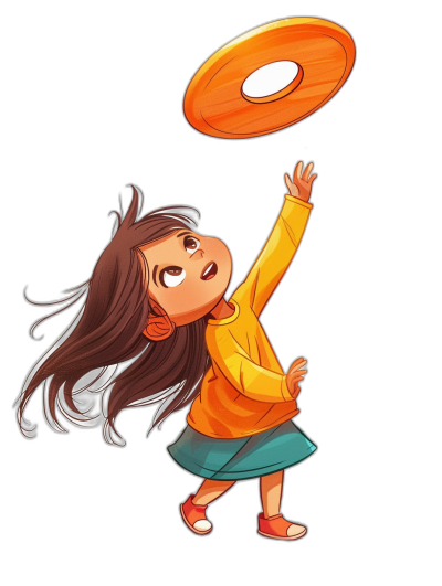 A cute little girl is playing frisbee in the style of Pixar, in a simple cartoon style drawing with a solid black background at high resolution of 300 dpi. She has long brown hair and wears an orange sweater with a blue skirt. The frisbee in the air shines brightly as she drops it into her hand above head level. Her expression shows excitement or joy about catching the flying disc. This scene captures the fun activity of children throwing or capturing objects through play.