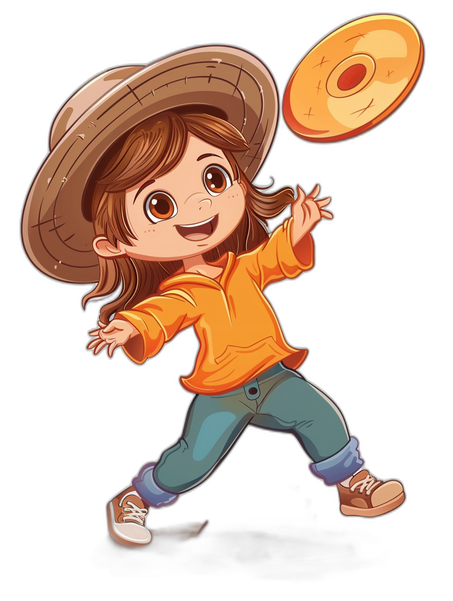 A cute little girl in the style of Pixar and Disney, wearing an orange shirt with blue jeans and brown shoes is throwing a frisbee. She has long hair under her sombrero hat on a black background. The cartoon character design is a vector illustration with high resolution and warm colors in a full body shot with high detail.