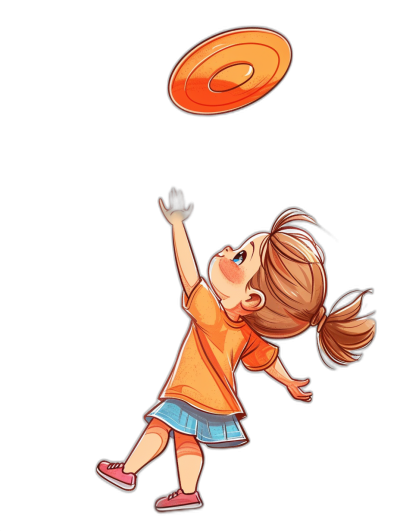 A little girl is playing frisbee in the style of a cartoon, with a simple drawing against a black background. The drawing is cute and colorful.