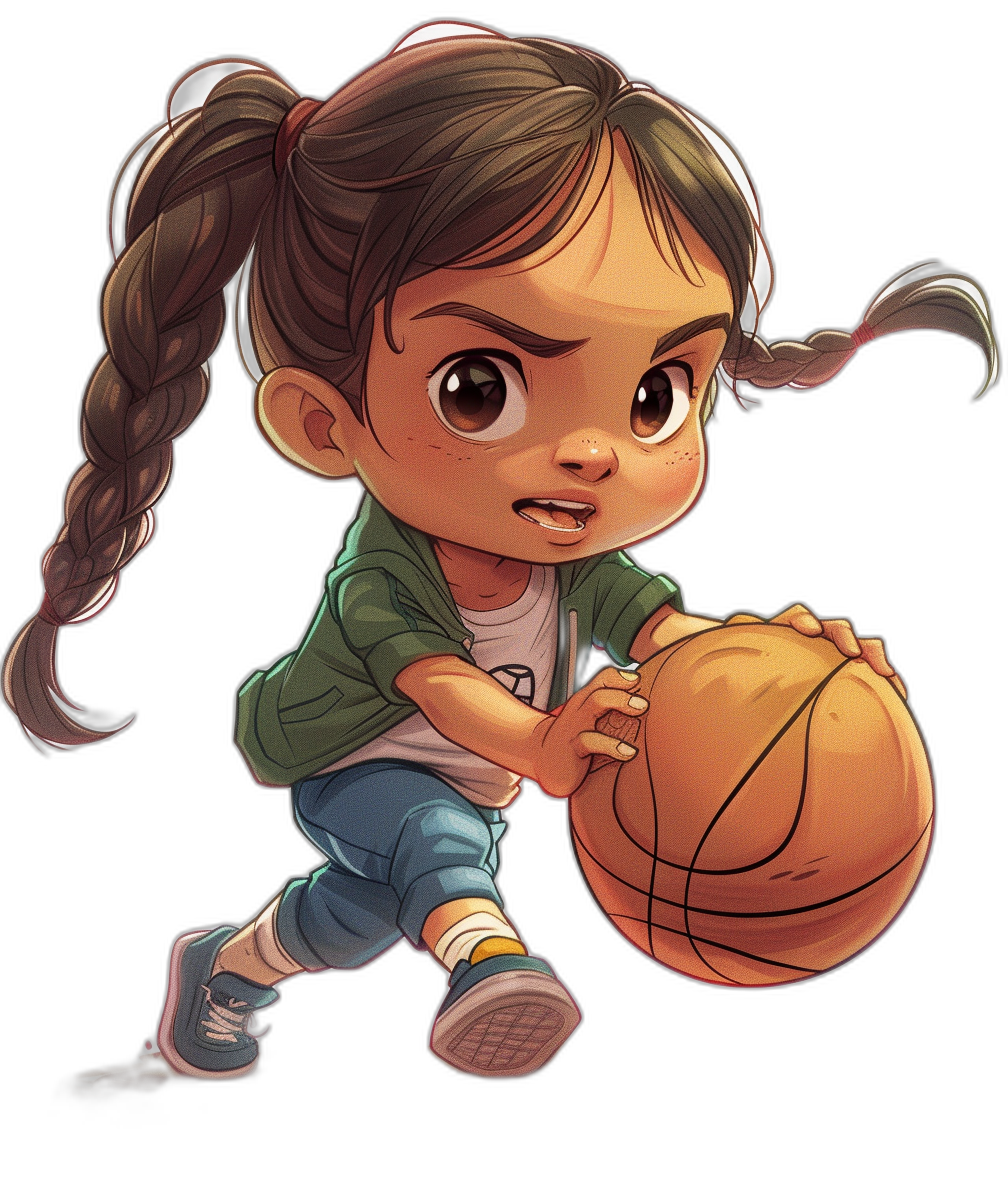 chibi style, cute little girl playing basketball, black background, digital art in the style of Disney Pixar studio, high resolution