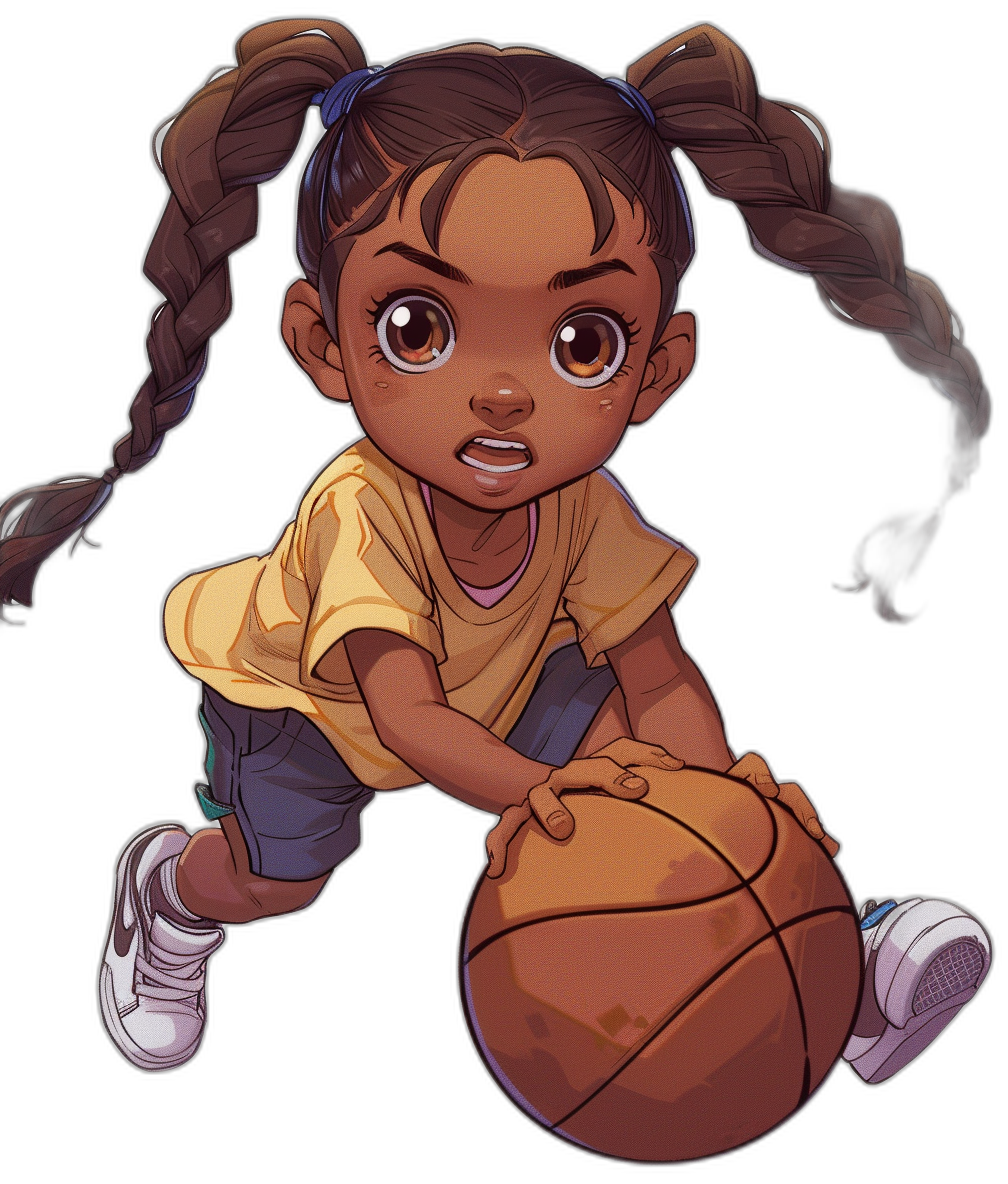 African American chibi girl playing basketball, wearing yellow shirt and blue shorts with white shoes, dark brown braids hair in ponytail buns, black background, vector art style, high contrast colors, hyperrealistic, ultradetailed, high definition, digital painting, natural lighting, full body shot, portrait