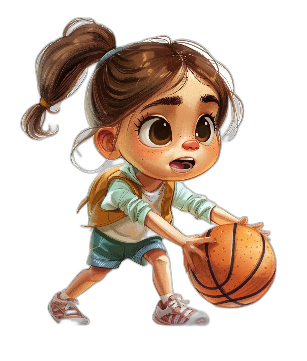 A cute little girl playing basketball in the style of chibi style character design, in the Disney Pixar cartoon style, 2d game art, black background, full body shot, wearing sneakers and shorts, holding the ball in her hand, big eyes, smiling face, brown hair with pigtails, basketball bag on her shoulder.