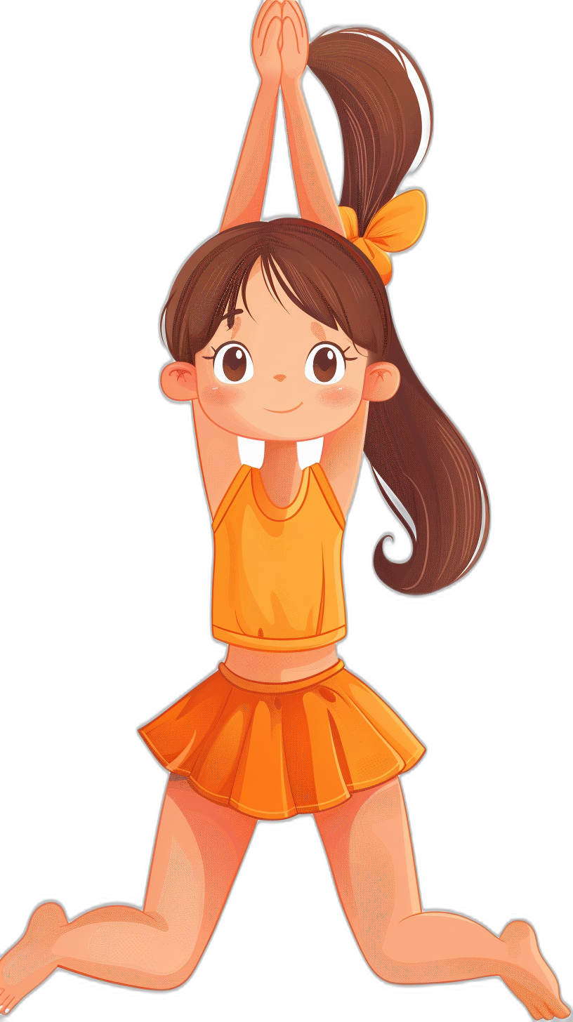 Cute cartoon girl doing T pose, cheerleader outfit with orange skirt and yellow top, brown hair in ponytail with bow on one side of her head, happy expression, hands raised above the head for warmup stretch isolated black background, clipart