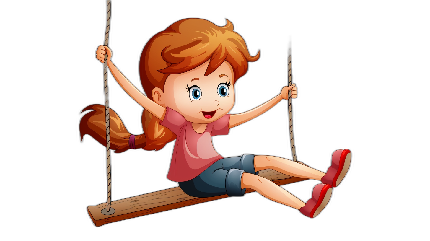 A cartoon girl swinging on the swing, vector illustration with a black background. The little cute girl has red hair and is wearing a pink shirt, blue shorts, white socks and red shoes. She was smiling happily while swaying back and forth. High resolution vector graphics. The illustration is in the style of a vector artist.