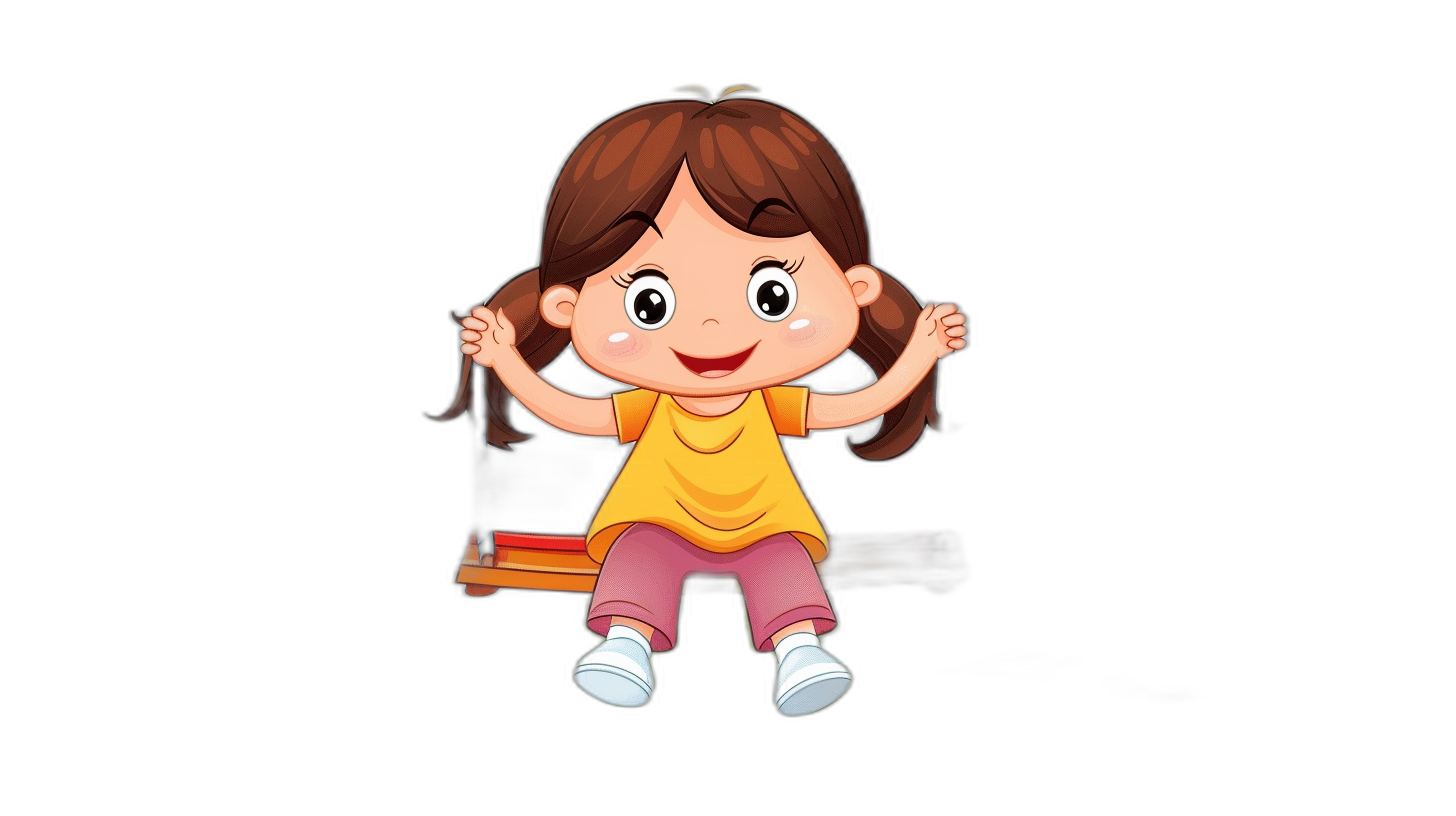 A cute little girl sitting on the swing, happy expression, yellow tshirt and pink pants, black background, cartoon style, simple lines, flat illustration, white shoes, brown hair in pigtails, big eyes with eyelashes raised, hands up high, 3D rendering, Pixar animation, high resolution, high detail,