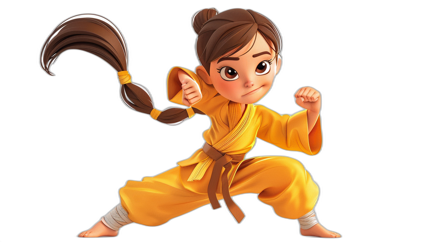 Cartoon girl in a yellow kung fu outfit, with long brown hair tied into two braids and black eyes, doing martial arts moves on the left side, in the cartoon style, simple background, full body shot, 3D rendering, in the style of Disney Pixar animation, black solid color background, high quality.