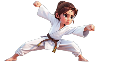 A young girl with brown hair in buns, wearing white karate robes and dark pants is doing her first kick pose in the air. She has big eyes and wears a black belt around her waist. Her face looks determined as she showcases powerful martial arts skills. The background of the scene should be plain black to highlight the character's expression and posture. In the style of Pixar cartoon art.