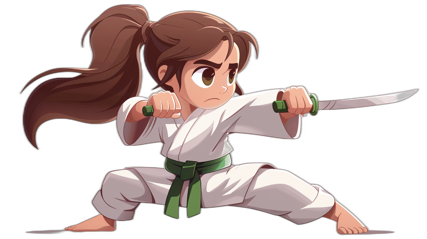 2D game art of a girl in a karate outfit doing a continuous kick with two katanas. She has brown hair and a green belt, wearing white  as a cute cartoon character. Isolated on a black background.