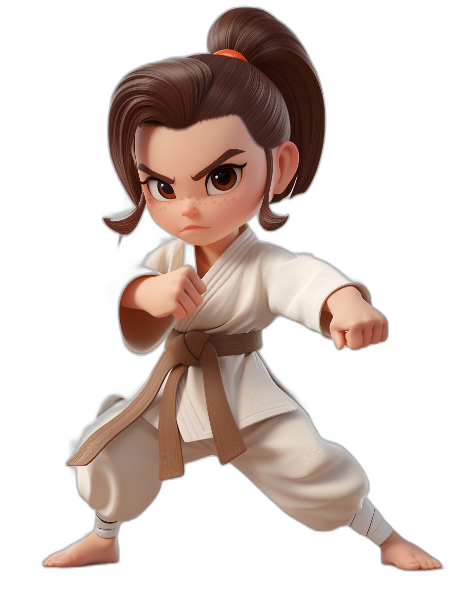 Chibi style, full body shot of a female karate fighter with brown hair in a ponytail and a white gi, black background, digital art in the style of [Artgerm](https://goo.gl/search?artist%20Artgerm), cute character design