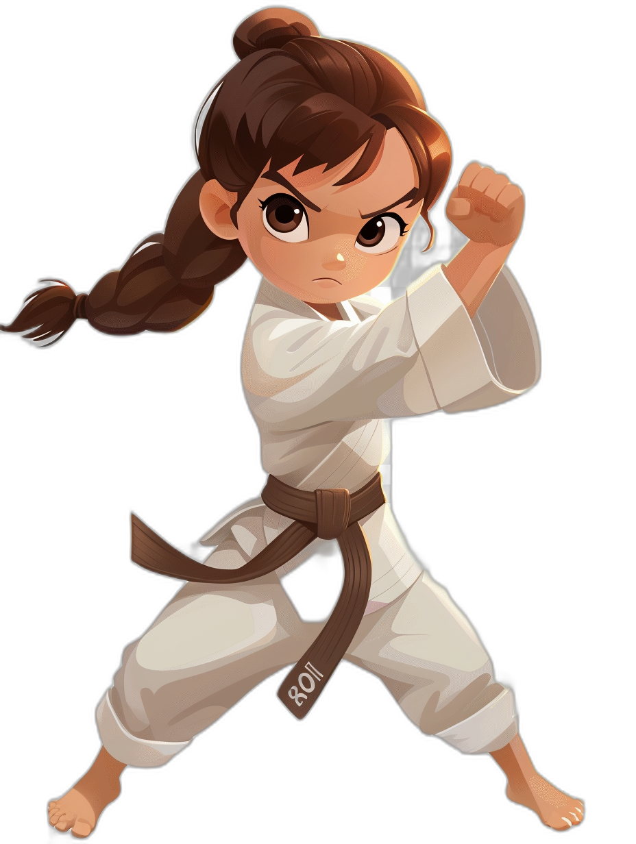 A young girl with brown hair in pigtails, wearing white karate attire and a black belt is practicing her kick pose. She has an angry expression on her face. The illustration style should be in the style of chibi anime cartoon. Black background.