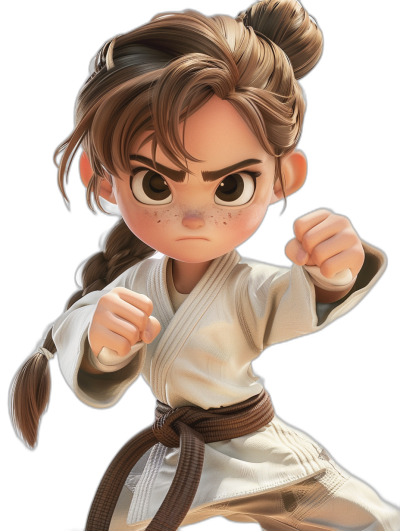 An illustration of a female karate fighter in the style of Pixar and Disney and in a Chibi style character with brown hair in a ponytail braid wearing a white gi, ready to fight on a black background. She is holding her fists up as if she's about ready for action. Her face has a serious expression with dark eyes. The whole scene should convey energy and movement. Use vibrant colors and dynamic lighting effects to emphasize motion and intensity typical of action scenes.