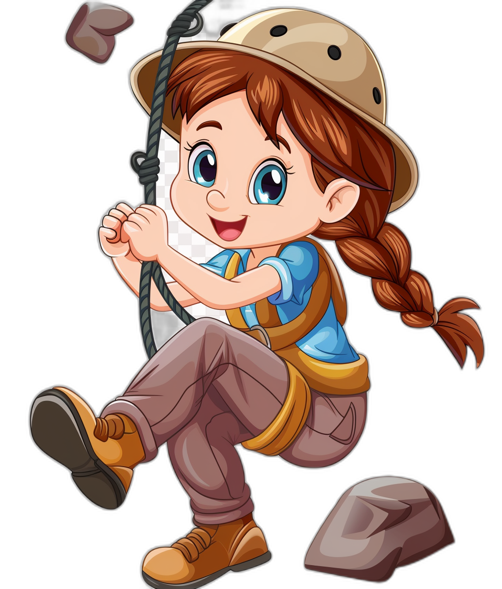 A cute cartoon girl in explorer outfit, climbing rock wall with rope and boots on isolated black background vector illustration logo design sticker, vector art, clipart