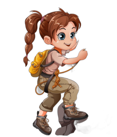 A cute cartoon girl explorer, smiling and looking to the side with one hand on her hip while she is in an adventurous pose ready for adventure walking towards you. She has brown hair in pigtails, blue eyes wearing hiking boots and dressed in the style of indiana jones with a white shirt underneath khaki pants and a yellow backpack. Full body shot. Black background. In the style of Pixar art. Vector graphics. Flat design.