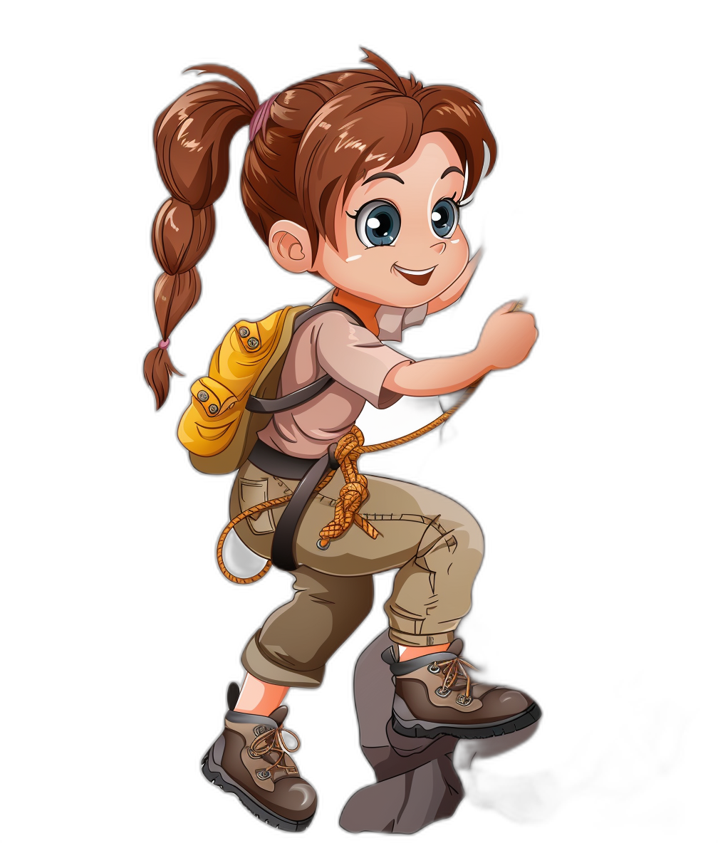 A cute cartoon girl explorer, smiling and looking to the side with one hand on her hip while she is in an adventurous pose ready for adventure walking towards you. She has brown hair in pigtails, blue eyes wearing hiking boots and dressed in the style of indiana jones with a white shirt underneath khaki pants and a yellow backpack. Full body shot. Black background. In the style of Pixar art. Vector graphics. Flat design.