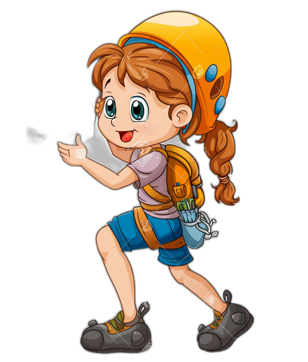 A cute cartoon girl climbing in the mountains, with brown hair and blue shorts wearing an orange helmet and yellow backpack is running towards you on black background, clip art style, vector illustration for tshirt design , high resolution