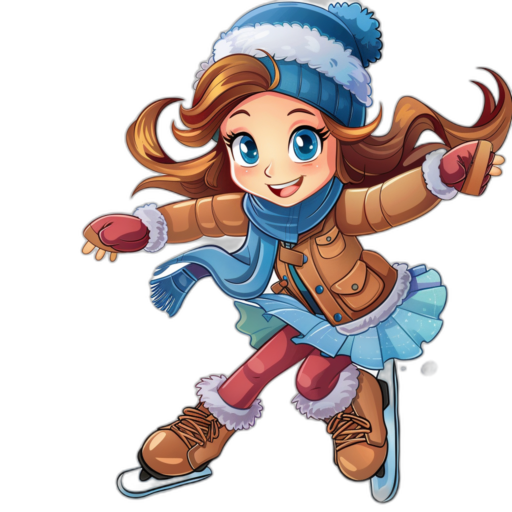 cartoon girl ice skating, with brown hair and blue eyes wearing winter , in the clip art sticker style with a black background