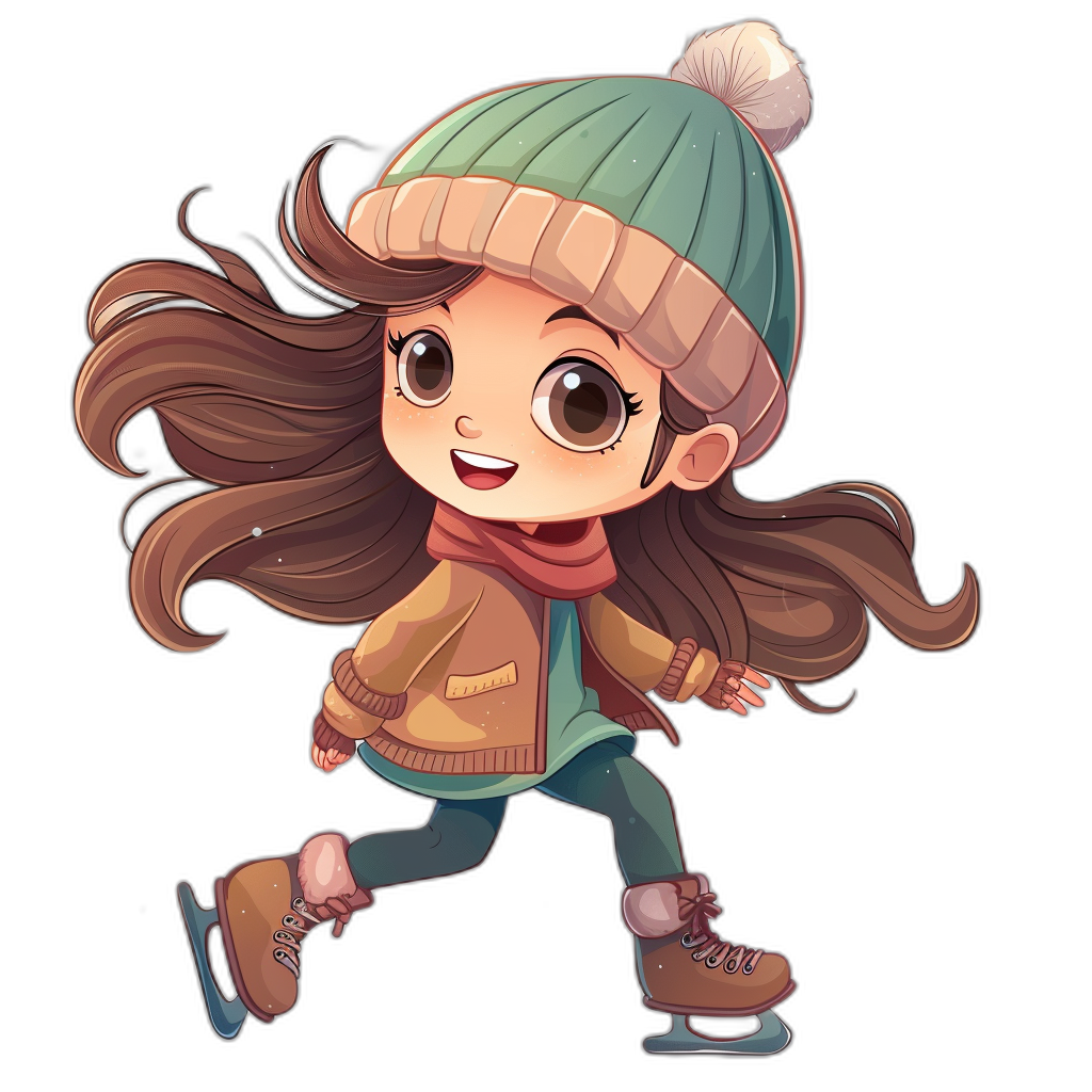 chibi style, cute girl ice skating with brown hair and green hat, black background, wearing jacket, boots and scarf