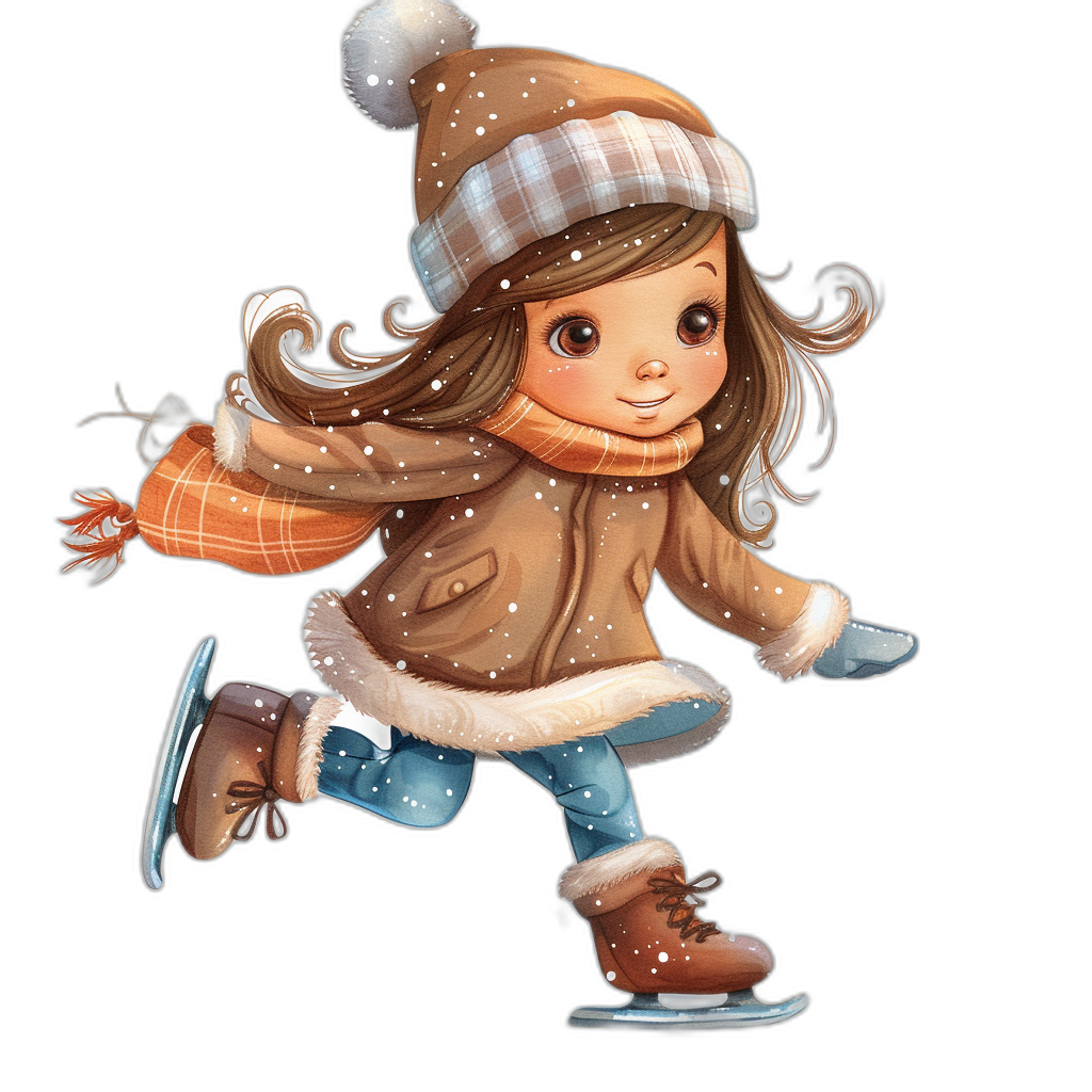 Cute girl skating, wearing winter  and a hat, clipart in the style of digital airbrushing on a black background