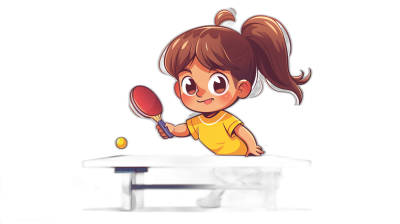 A cute girl playing table tennis, cartoon style, simple black background, 2D game art style, chibi character design, bold color palette, high resolution, high detail, best quality