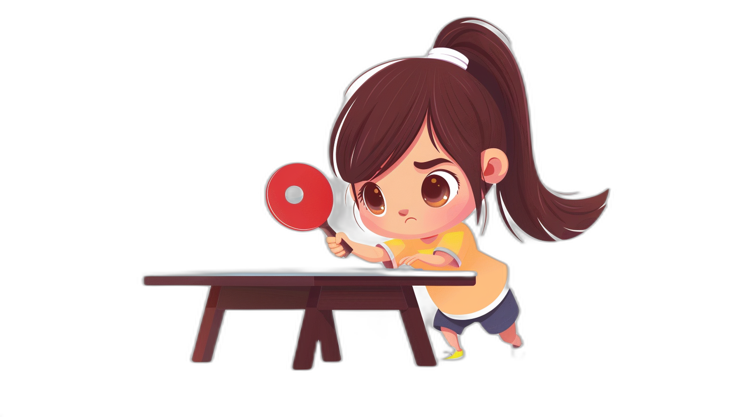 a cute chibi girl playing table tennis, vector art, black background, 2d game asset, pixar style, cute cartoonish design, simple lines, simple design, minimalistic, red and yellow color palette, white border, black isolated background, high resolution, hyper realistic