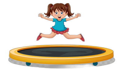 Cute cartoon girl jumping on trampoline, isolated black background with clipping path