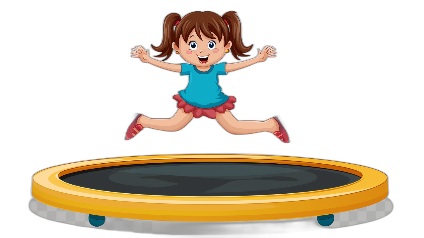 Cute cartoon girl jumping on trampoline, isolated black background with clipping path