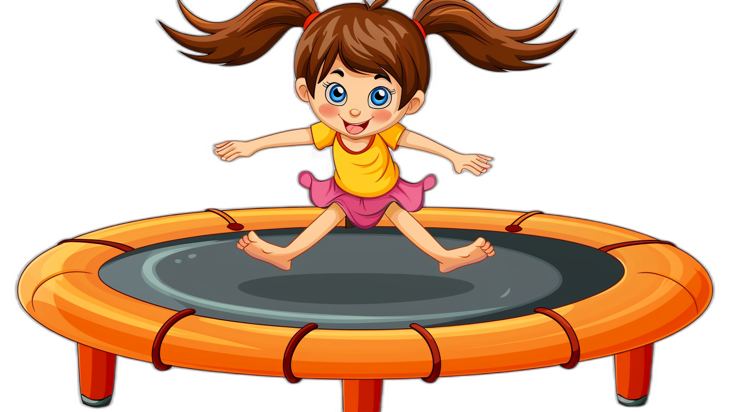 A cartoon girl jumping on a trampoline in a vector illustration with a black background.