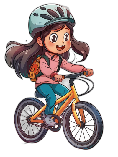 A cute girl riding her bike with a helmet in the style of a clip art style cartoon illustration for kids on a black background.