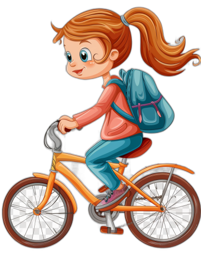 A girl riding an orange bicycle with her backpack on the back, cartoon style, simple lines, vector illustration, flat design, black background, no shadows and highlights. The character is wearing blue jeans and pink shirt. She has long brown hair in pigtails. Her eyes have thick white eyeliner and she wears red lipstick. On one side of his face he should be smiling. In front there's a horizontal bar that can yank or pull up a bike. Vectorized hand drawn style. Isolated black background. No shadow, no light