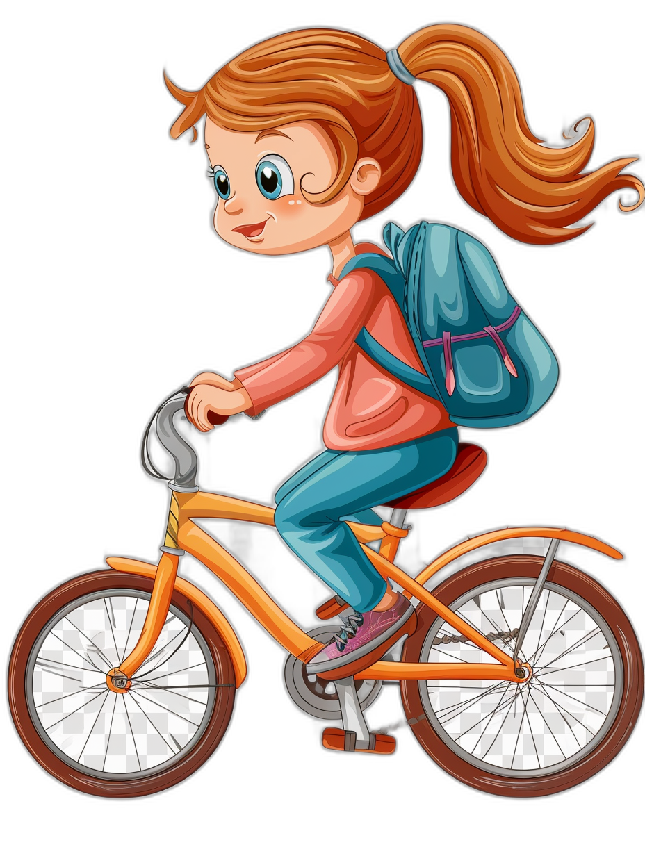 A girl riding an orange bicycle with her backpack on the back, cartoon style, simple lines, vector illustration, flat design, black background, no shadows and highlights. The character is wearing blue jeans and pink shirt. She has long brown hair in pigtails. Her eyes have thick white eyeliner and she wears red lipstick. On one side of his face he should be smiling. In front there’s a horizontal bar that can yank or pull up a bike. Vectorized hand drawn style. Isolated black background. No shadow, no light