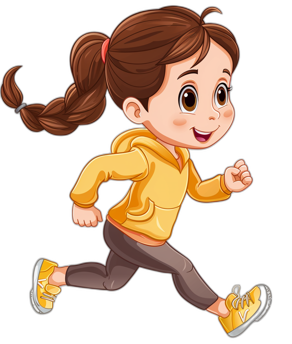 A cute cartoon girl is running, wearing yellow hoodie and black pants with sneakers on her feet. Her hair in pigtails is tied back to keep it out of the way while she runs. She has big brown eyes that sparkle as if smiling at something interesting behind her or next to her. The background should be plain white for easy coloring. Vector illustration. Isolated on black background. Cartoon style. Flat design. Pixar character. Disney movie character. Pixar animation. Pixar color palette. No shading.