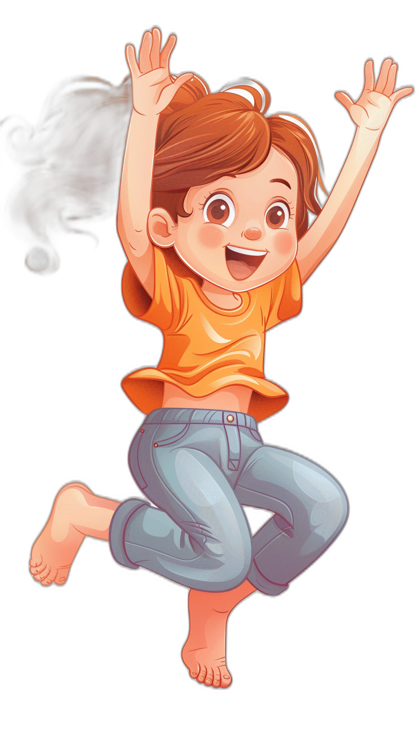 A cute cartoon girl is jumping up with her hands raised, in the style of Disney, on a black background, as a full body portrait, in a simple illustration, wearing an orange T-shirt and blue jeans. The little boy has brown hair in pigtails, big eyes, a happy expression, with high definition details of the character’s facial features.