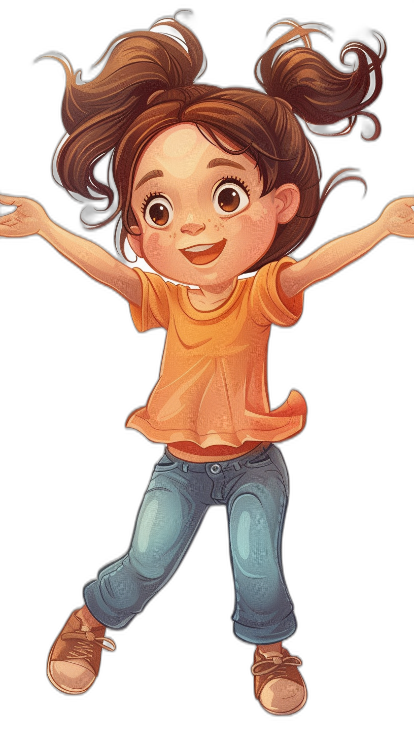 A cute little girl is jumping up and down, smiling happily with her hands raised in the air. She has long brown hair tied into two pigtails on top of her head, wearing an orange t-shirt and blue jeans. The illustration is a flat, full body shot from the front in a cartoon style with a black background, drawn in the style of Disney Pixar. It is a high resolution, high detail, high quality image.