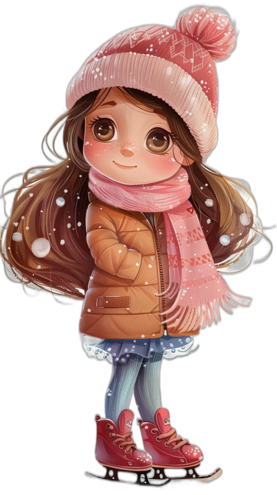 A cute girl in ice skating shoes, wearing a pink hat and scarf with brown hair, in a chibi style, digital art in the style of Disney Pixar studio, on a black background, a full body portrait, high resolution, with hyper detailed, using a digital airbrushing technique.