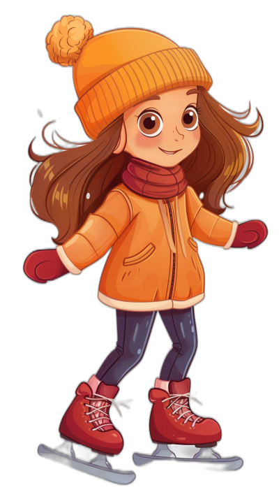 A cute little girl is ice skating, wearing an orange down jacket and red boots with a black background. She has long brown hair and wears a yellow hat on her head. The cartoon style should be simple yet expressive, capturing the essence of winter fun in a colorful illustration suitable for children's books or nursery art in the style of a simple yet expressive artist.