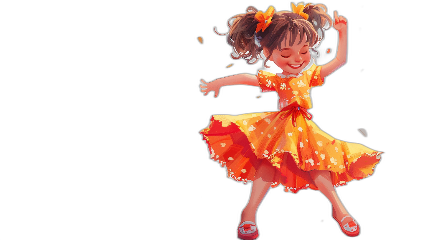 A cute little girl in an orange dress is dancing, smiling and happy in a full body shot. The character design is in the style of Disney with a cartoon style and black background. The digital art features colorful, detailed character, , hair, shoe, eye and hand illustrations.