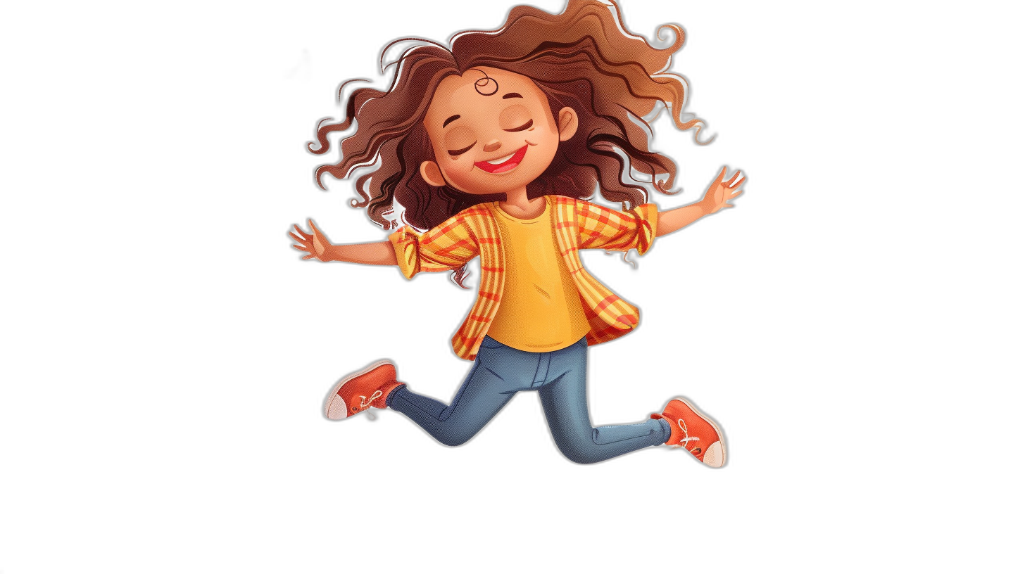 A cartoon girl is jumping up, smiling happily with her eyes closed and brown hair. She wears jeans, sneakers on her feet, a yellow plaid shirt, and red lipstick against a dark background. The style is 2D and flat with a full body shot and simple details on a black background. The image is high quality, high resolution with the best detail and high definition, in the style of a simple cartoon.