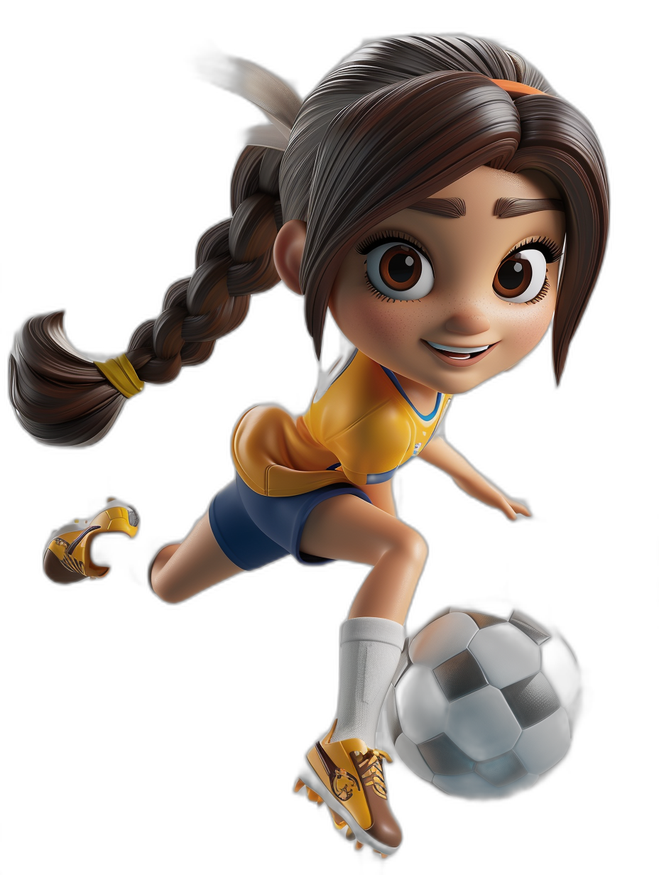 A cute girl with brown hair in pigtails, wearing a yellow and blue soccer uniform is kicking the ball in the style of Disney Pixar, black background, 3D character design.