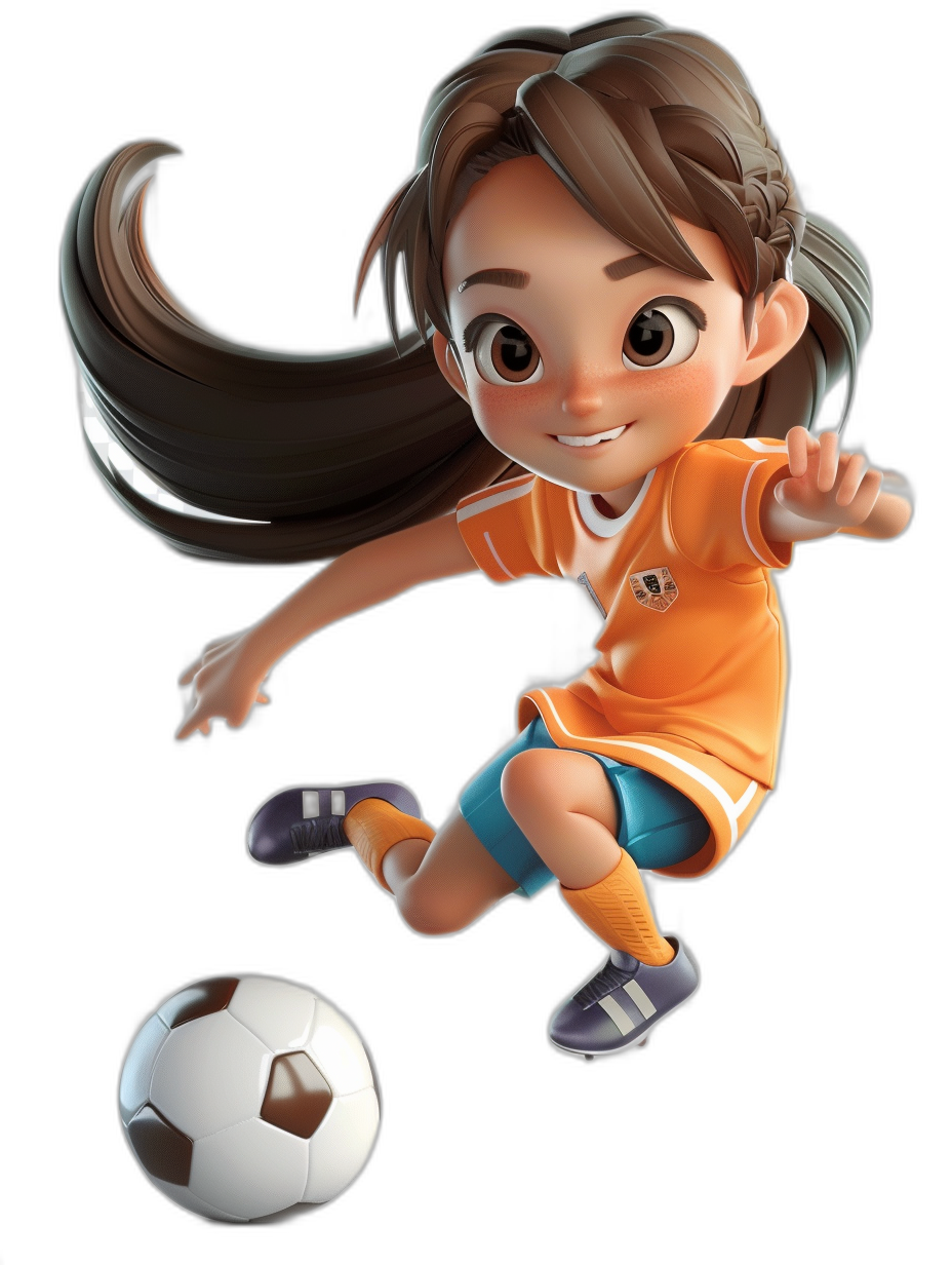 A cute girl playing soccer, wearing an orange and blue uniform with white shoes, with long brown hair in a ponytail hairstyle, in the style of cartoon, character design, 3d render, at a 45 degree angle, isolated on a black background, with a ball flying towards the camera.