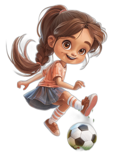 A cute little girl playing football in the style of Disney, cartoon character in full body portrait against a black background, with a cute and happy expression, wearing a short skirt with pink shoes on her feet, playing with a soccer ball, with big eyes, long eyelashes, and brown hair in a braid, digital art.