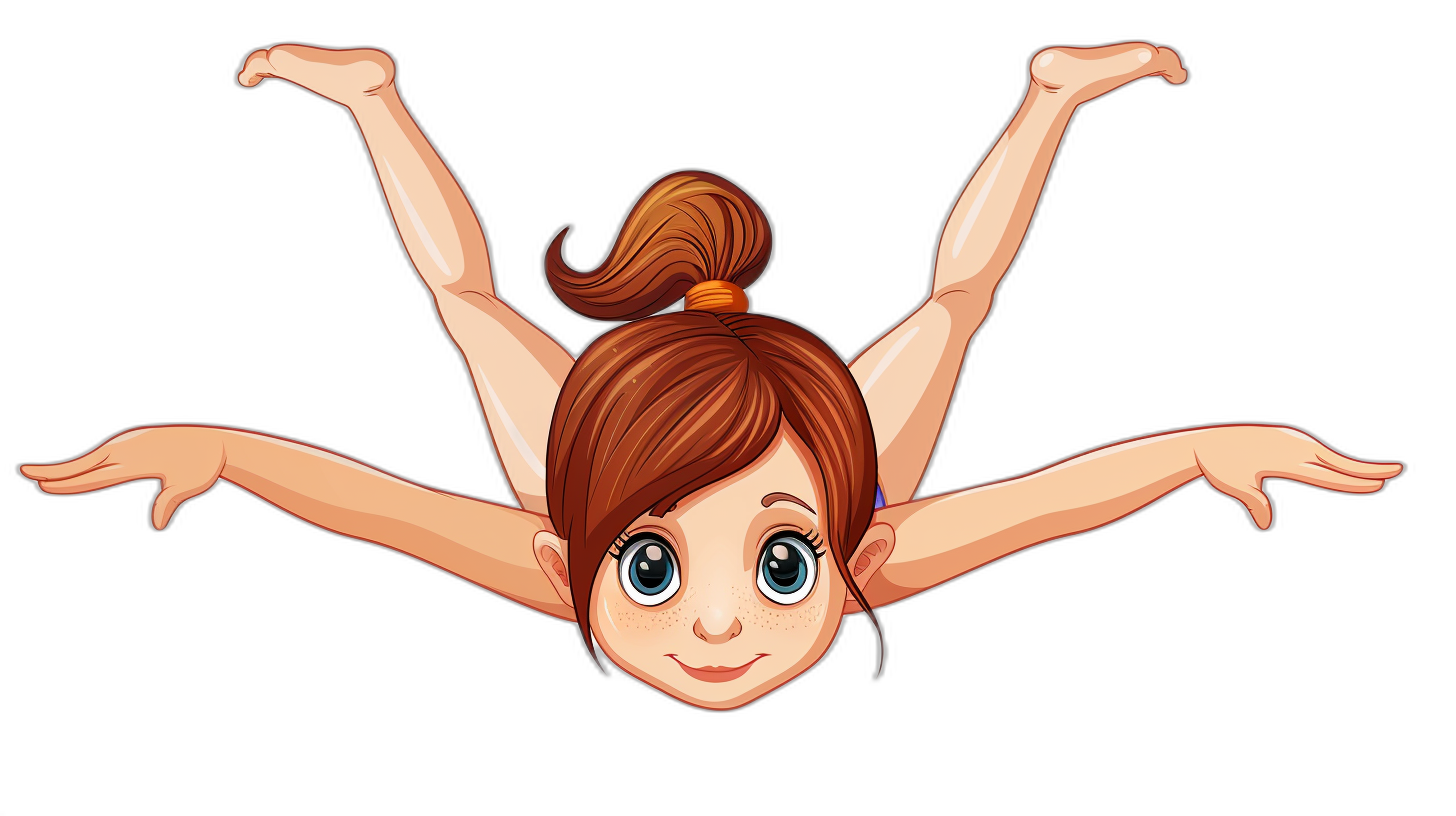 view from above cartoon girl doing cartwheels, vector style, black background, simple design, cute face with big eyes and small nose, arms stretched out to the side for balance, brown hair in ponytail bun, hands flat on ground under shoulders, smiling expression, no shading or gradients, bright colors, high contrast