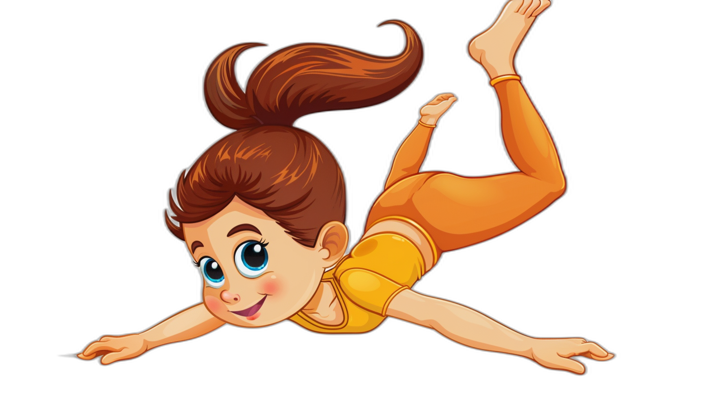 A cartoon girl is lying on her back doing gymnastics with both hands behind her head and legs together in an orange short-sleeved yoga suit. The little face has big eyes, brown hair, and a smiling expression. The illustration style is flat with a simple background and high definition resolution in the style of a cartoon cute style. It is a full body portrait.