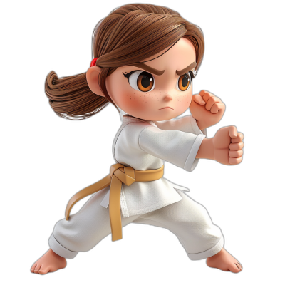 Create an ultra realistic fullbody chibi female character with brown hair in ponytail, wearing white karate outfit and yellow belt, doing fighting pose. Black background. She has big eyes. Her face is turned towards the camera, showing her head from shoulders up. The art style should be Pixar or Disney animation cartoon.