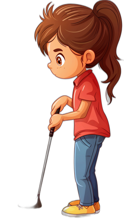 a cartoon vector illustration of young girl playing golf, wearing red shirt and blue jeans, side view, full body shot, black background, high quality details