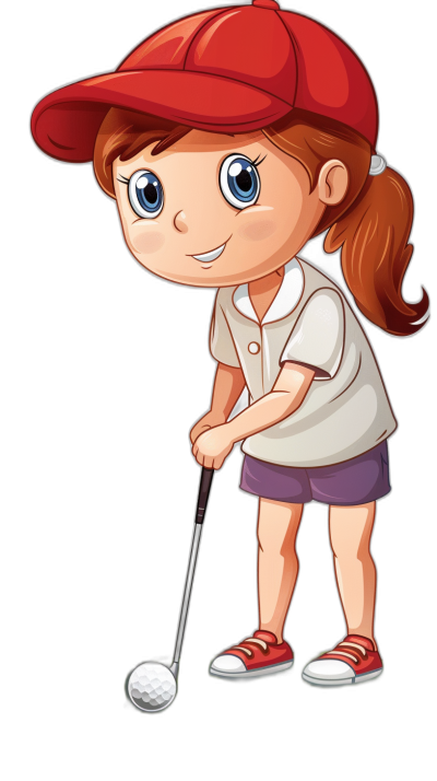 A young girl playing golf in the style of cartoon, simple vector art, wearing a red cap and white shirt with purple shorts against a black background, clipart.